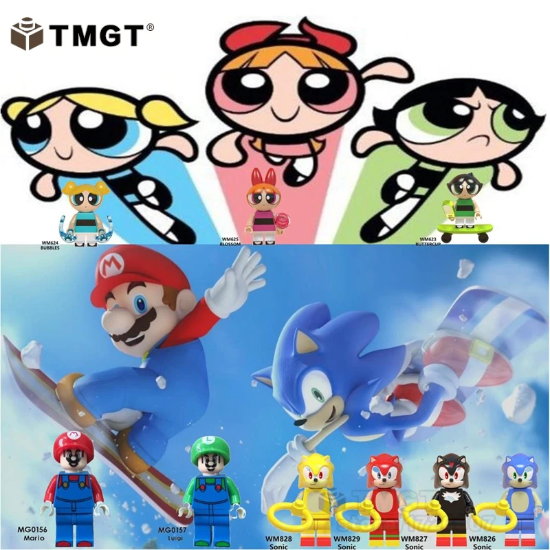 

50PCS/LOT legoings friends Super Mario Powerpuff Girls Stich Gizmo Cartoon Action Figures Building Blocks Toys for children gift