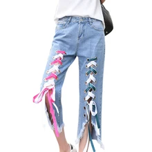 Jeans Women Pants for Girl Mid Waist Casual BF Style Bandage Beggars Irregular Split Pants Female 2017