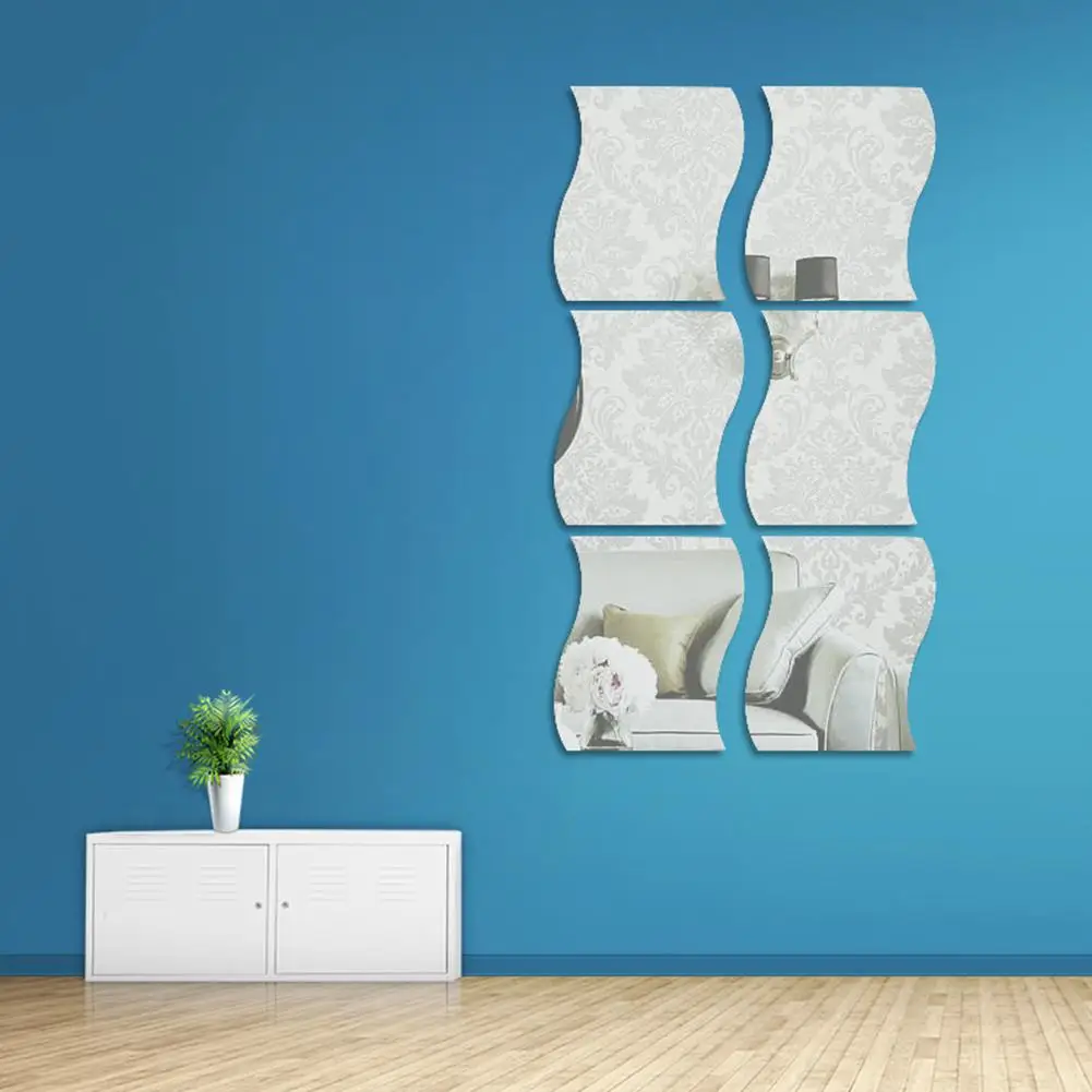 DIY 6 Pcs Waves Shape Self-adhesive 3D Mirror Wall Sticker Home Room Decal Decor