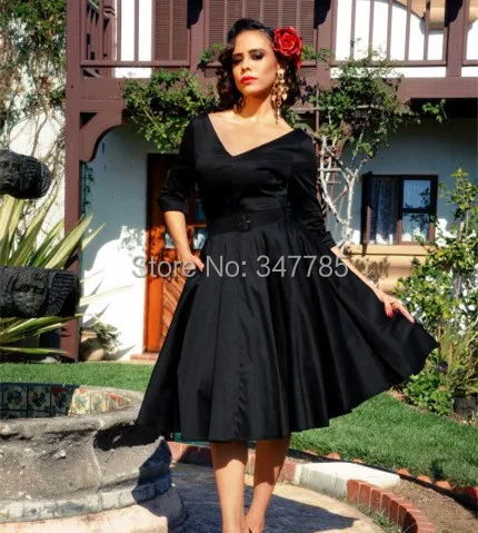 Осенне-зимние женские винтажные 50 s с v-образным вырезом 1/2 рукав рокабилли миди маленькое черное платье хлопок плюс размер 4xl vestidos качели платья