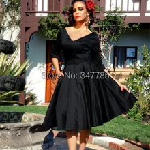 Осенне-зимние женские винтажные 50 s с v-образным вырезом 1/2 рукав рокабилли миди маленькое черное платье хлопок плюс размер 4xl vestidos качели платья