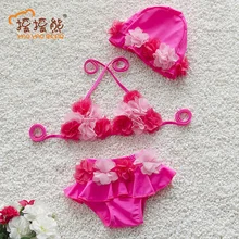 Детские купальники из 3 предметов для девочек, бикини, сиамская юбка, кружевной милый цветочный купальный костюм для маленьких девочек, купальник с шапкой