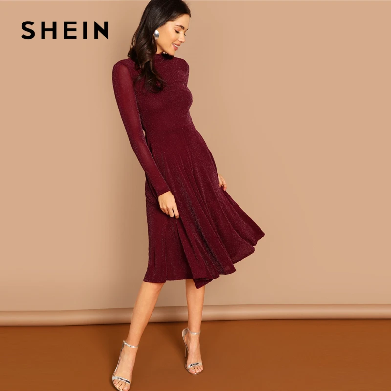 Goede SHEIN Bourgondië Uitgaan Mock Hals Stand Kraag Lange Mouw Glitter Fit Flare EEN Lijn Jurk Herfst Werkkleding Vrouwen Jurken