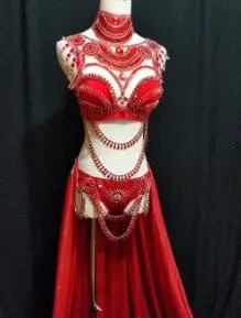 

women sexy red rhinestone Outfit female singer DJ performance dance stage Bra Short costume Long Train Skirt nightclub