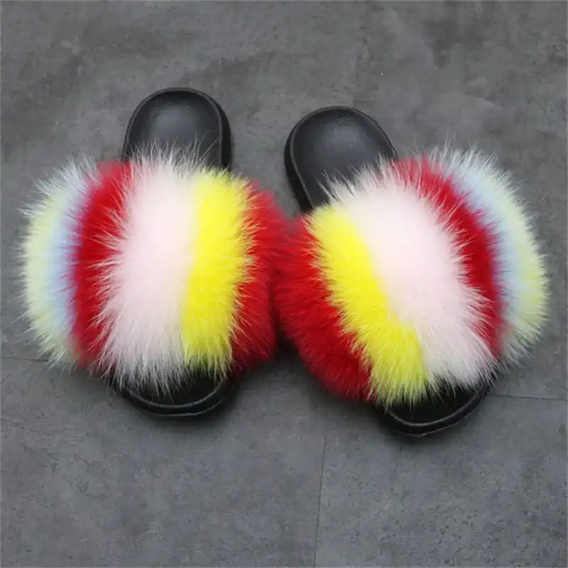 rainbow fur sandals