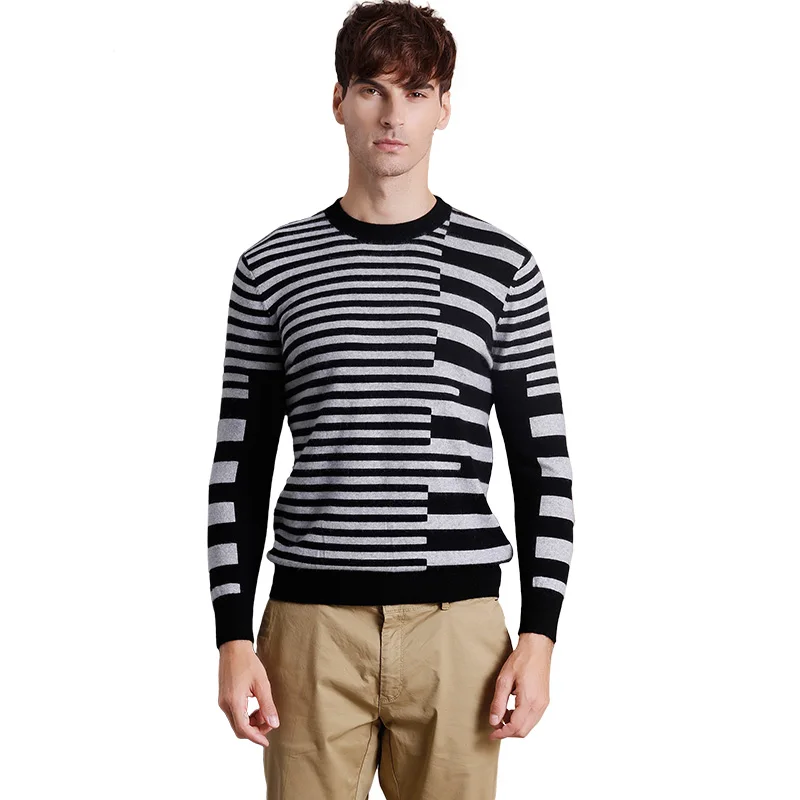 

Men's Autumn Winter Round Neck Cashmere Black and White Striped Sweater