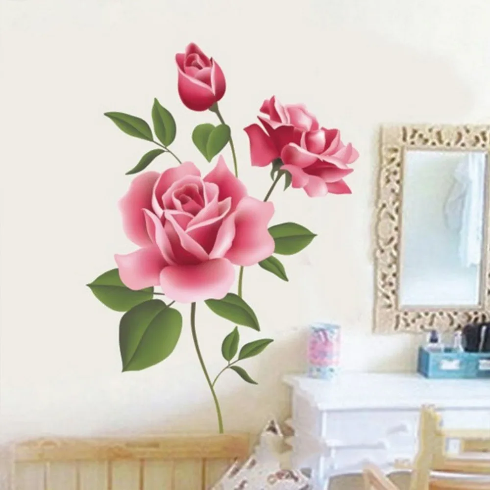 Romantic Rose Love 3d Wall Stickers Home Living Room Bedroom Kitchen Flower Shop Decals Mother's Day Gifts Pvc Mural Art Poster
