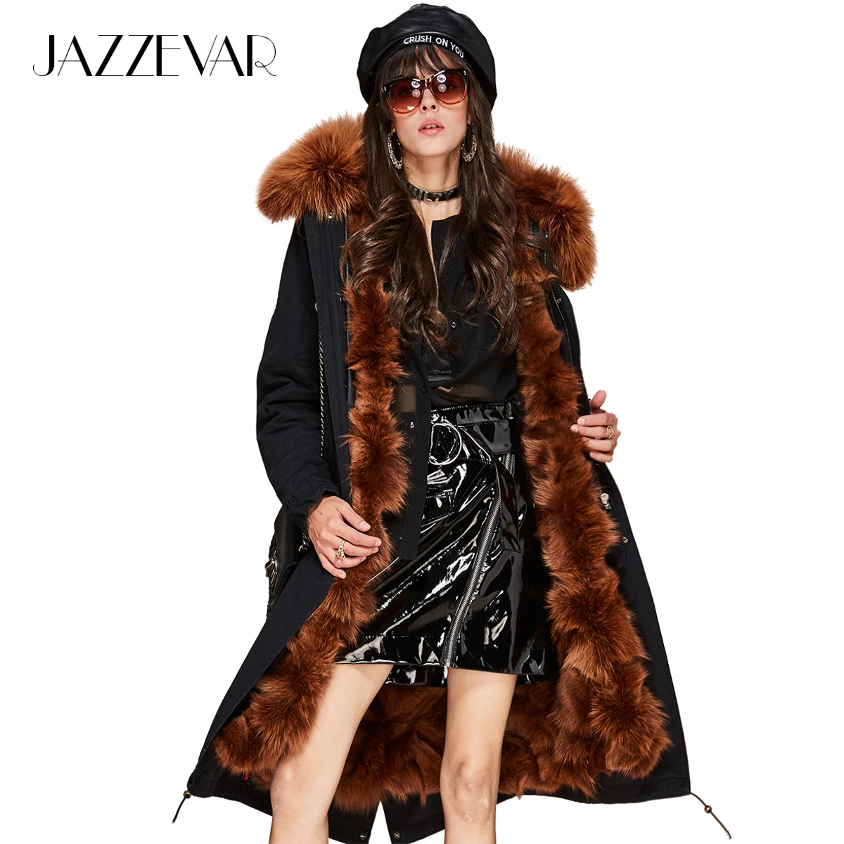 

JAZZEVAR 2019 New Fashion Woman Luxurious Real Fox fur lining X-Long Parka Large Raccoon fur Hooded Military Coat Winter Jacket