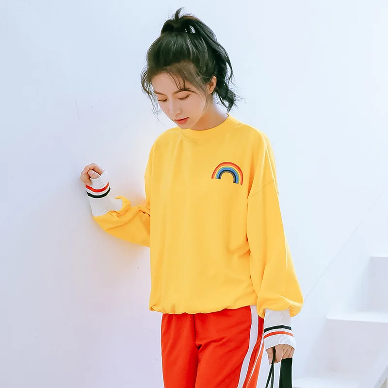 Ulzzang Корейский Kpop большой Радужный принт желтый свитер с капюшоном для женщин