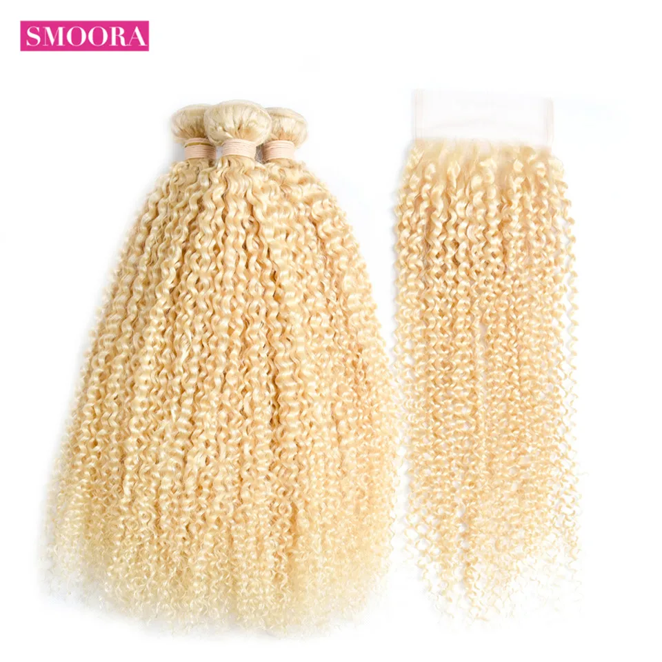 Smoora Remy Hair Brazilian Kinky Curly Hair 4 Bundles With Closure 613 Blonde Color Human Hair With 4x4 Transparent Lace Closure