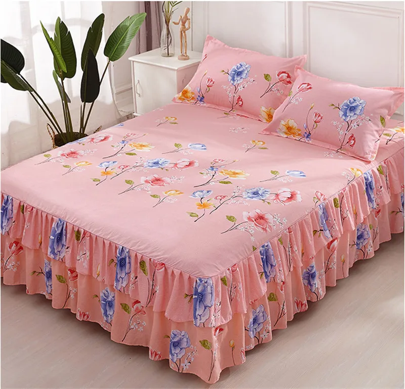 3 قطعة الزهور تنورة نوم شرشف غطاء رشيقة المفرش مزدوجة الدانتيل طقم سرير المنسوجات المنزلية غير زلة غطاء + المخدة
