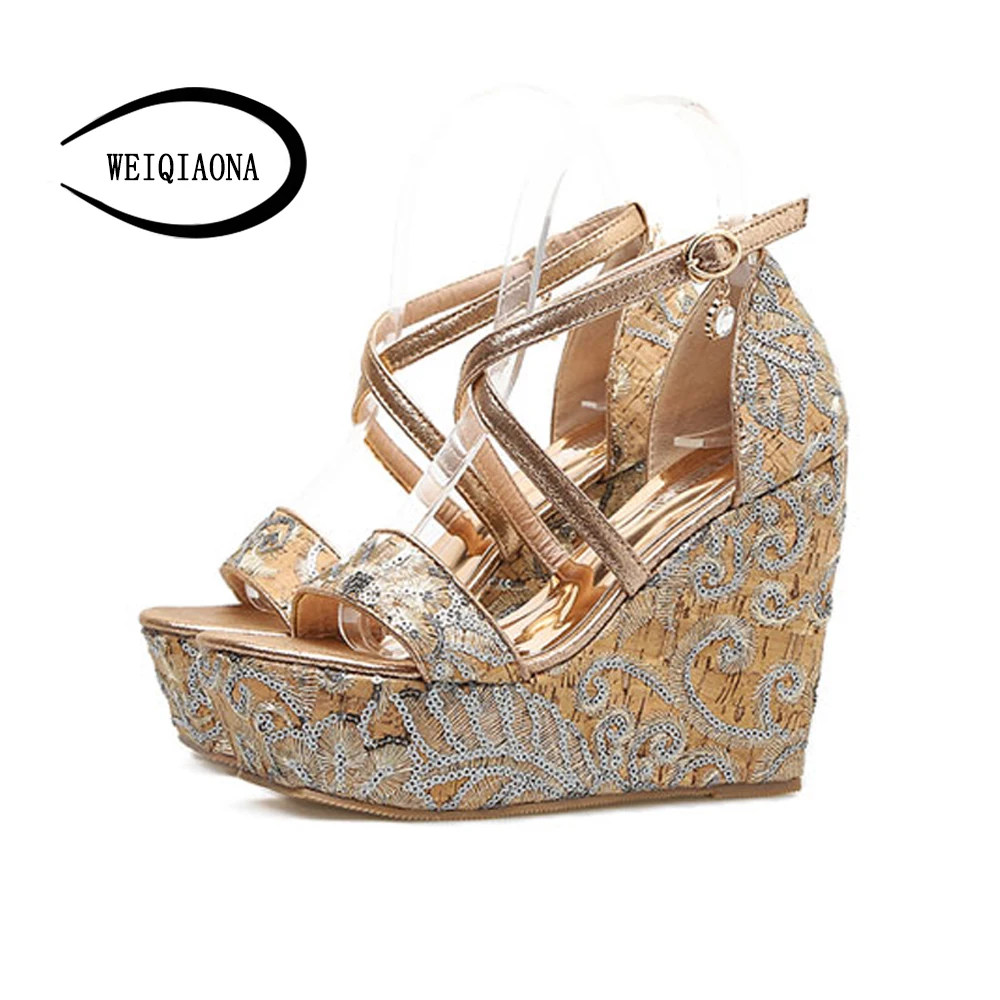 

WEIQIAONA New summer Women's High heels Sandals open toe gold Embroidered Sidebands Cross Strap waterproof wedges ladies shoes