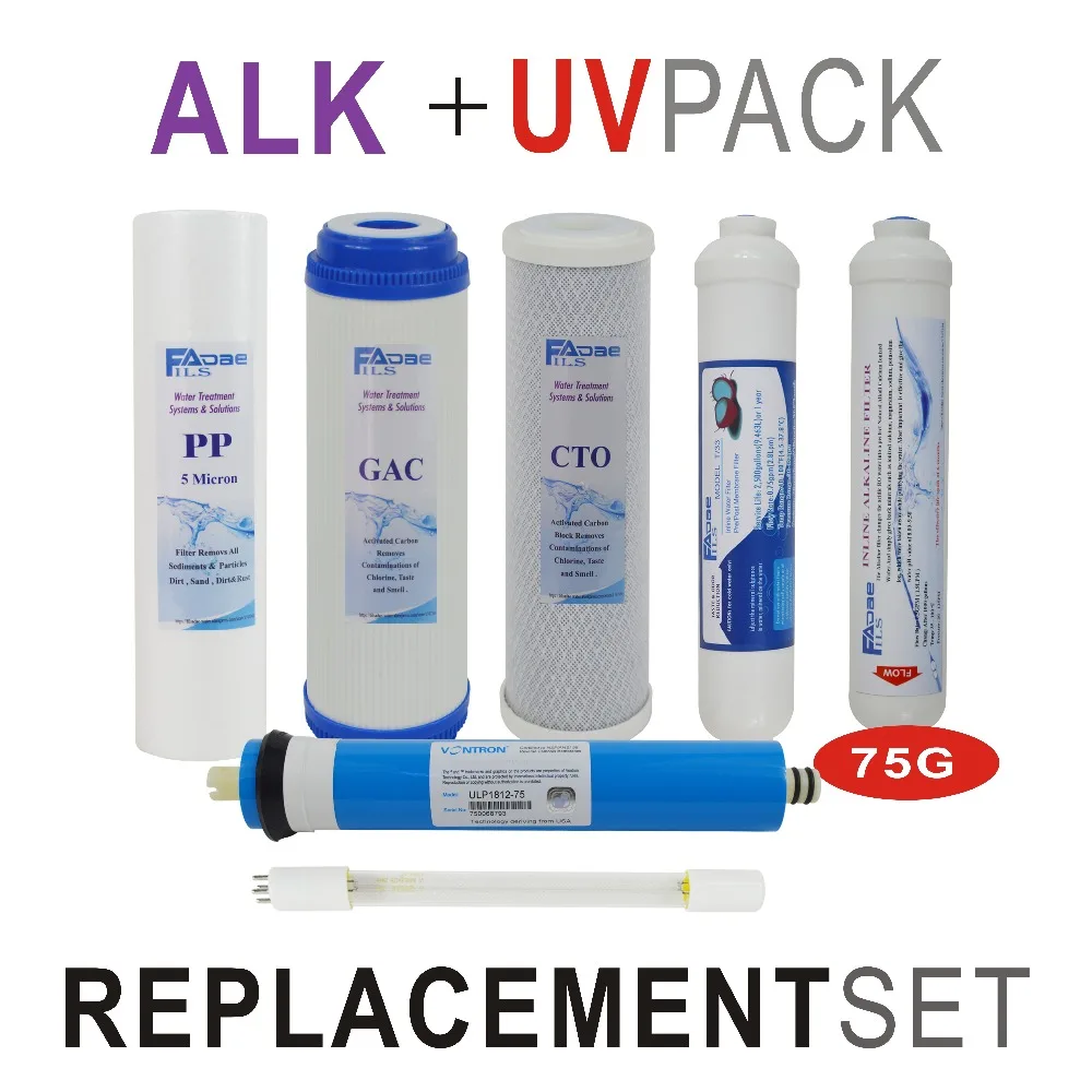

Alkaline Ultraviolet Reverse Osmosis System Replacement Filter Set - 7 Filters with 6W UV Bulb and 75 GPD RO Membrane Elements
