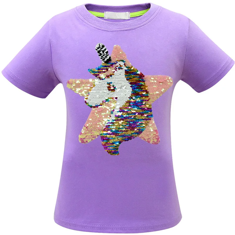 Милая Детская футболка с рисунком единорога и блестками, летняя футболка для маленьких мальчиков и девочек, детская одежда с мультипликационным принтом - Цвет: 3486 purple