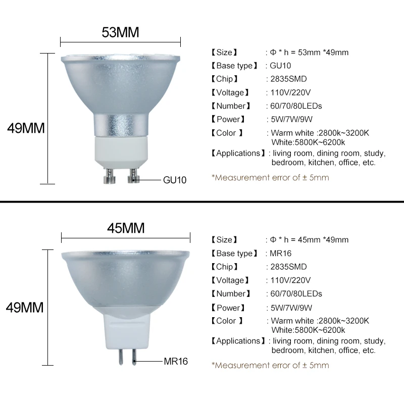 MR16 светодиодный диодным лампы 5 Вт 7 Вт 9 Вт GU10 Светодиодный прожектор лампы 110 V 220 V 60 70 80 светодиодный s SMD 2835 умная ИС(интеграционная схема ампулы Светодиодный лампа Bombillas с регулируемой яркостью освещения