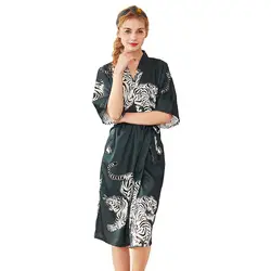 Сексуальная печати домашнее платье с коротким рукавом, атласное халат кимоно Банный халат v-образным вырезом Тигр Ночная Пижама, пеньюар