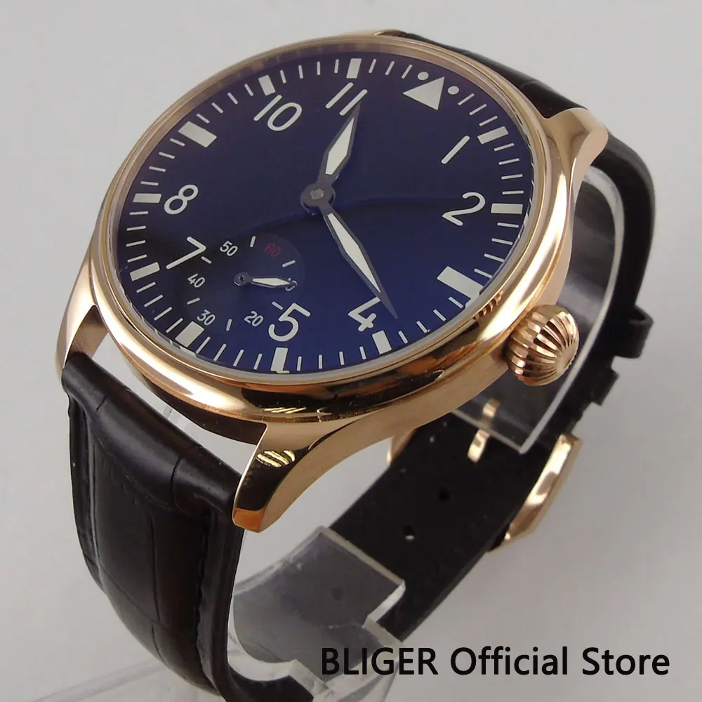 

Mechanical Watch 44mm Black Sterile Polished Rose Golden Case Luminous Pointer 17 Jewels 6498 Hand Winding Movement Men's Watch
