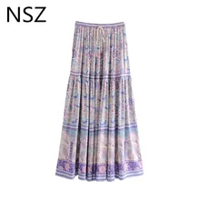 NSZ Женская длинная юбка-макси с цветочным принтом в стиле бохо, эластичная талия, свободная летняя юбка, плиссированная пляжная юбка в цыганском стиле