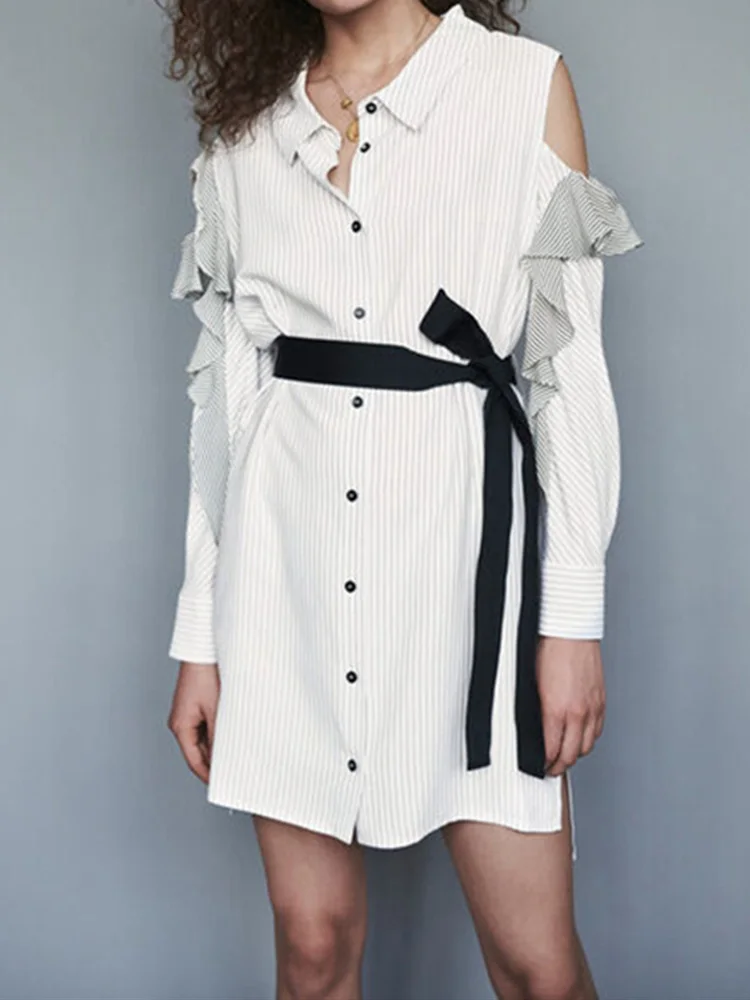 

2019 Autumn and Winter Mini Dress White Short dresses ruffled striped dressed ladies for casual with buttons Belt