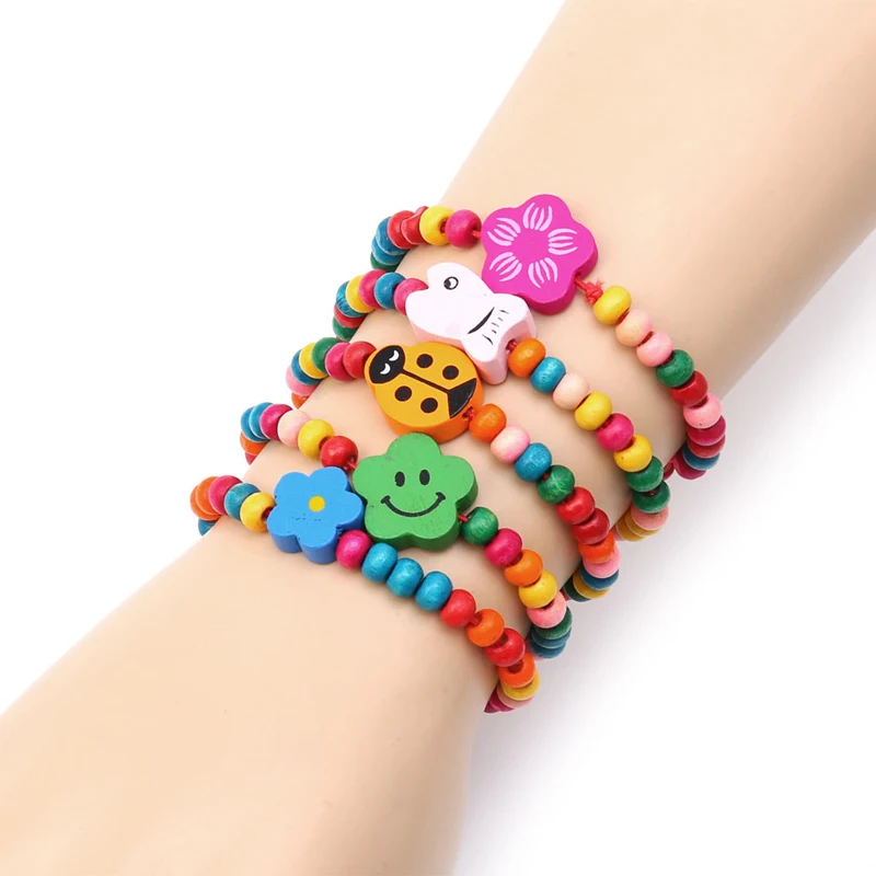 

5Pc Lovely Kids Children Wood Elastic Bead Bracelets Birthday Party Jewelry Gift W715