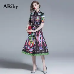 ARiby женское элегантное платье черное платье с принтом 2019 новое летнее модное винтажное платье с отворотом и бантом, плиссированное платье