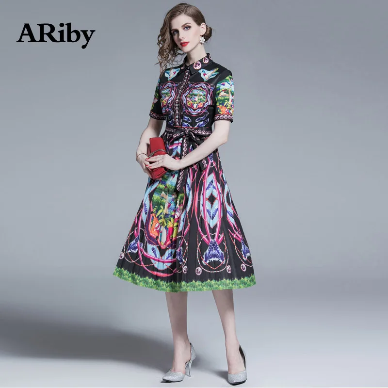 

ARiby Women Elegant Dress Black Print Dress 2019 New Summer Fashion Vintage Lapel Bow Pleats Short Sleeve A-Line Dress Vestidos