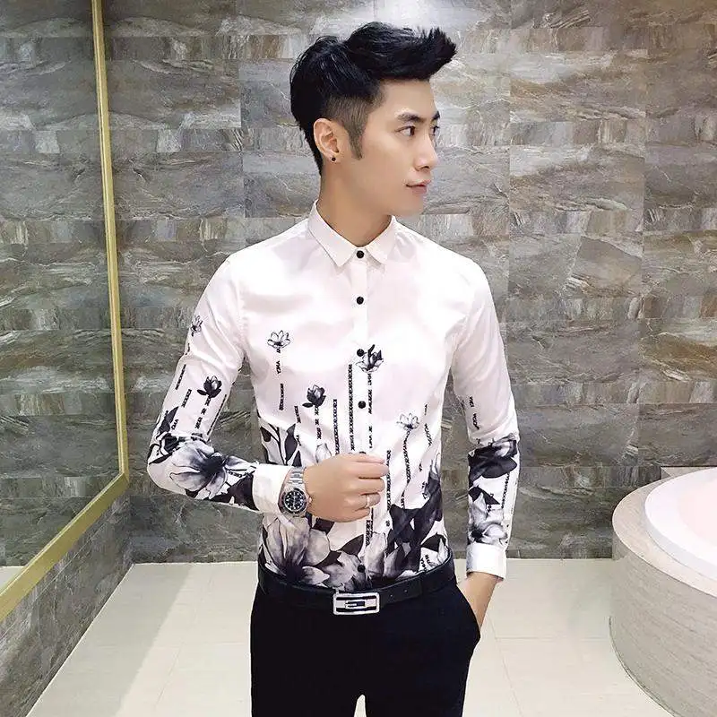 

Fashion Men Shirt Flower Design Print Mens Dress Shirts Long Sleeve Slim Homme Casual Turn Down Collar Shirt Black White