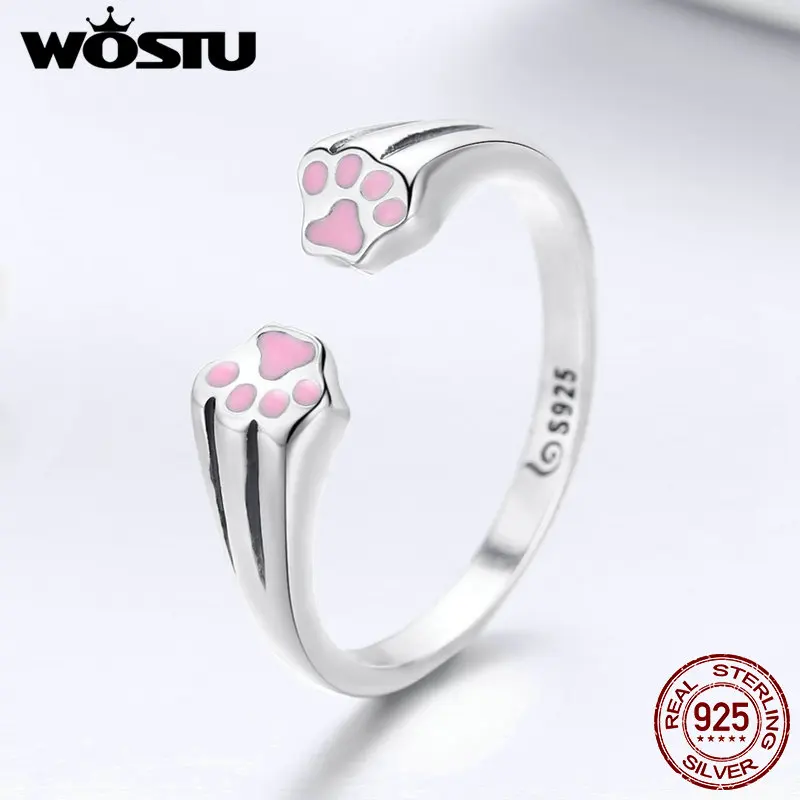 

WOSTU Real 925 Sterling Silver Cute Pet's Footprints Finger Rings For Women Luxury S925 Silver Ring Jewelry Gift BKR366