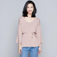 Модная Осенняя свободная футболка женская с v-образным вырезом Сексуальная Весенняя Джемпер Пуловер Топы Женская одежда RWT185001