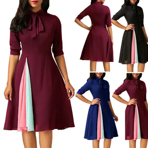 

Women Vintage Style A Line Swing Dress Woman Evening Party Business Rockabilly Bowknot Dresses 3Colors