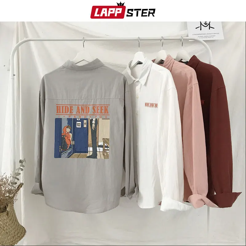 

LAPPSTER Men Streetwear Shirts 2019 Mens Fashions Summer Vintage Shirts Long Sleeve Hawaiian Male Cartton Funny Casual Clothing