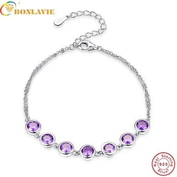 

BONLAVIE Purple Amethyst 925 Sterling Silver Bracelet For Women Gemstone bracelets bangles dropshipping Fine Jewelry 7.99inch