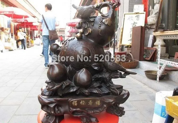 

China Bronze longevity blessing peach pied magpie gourd Lucky fengshui statue