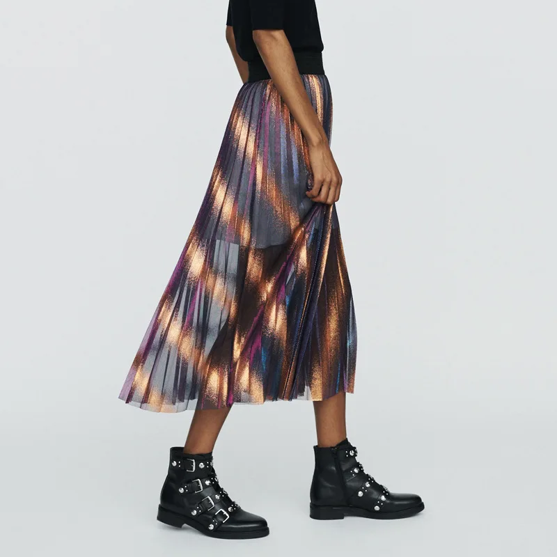 

2019 New Women Pleated Midi Skirt Colorful Gradient Mesh Pleated Skirt