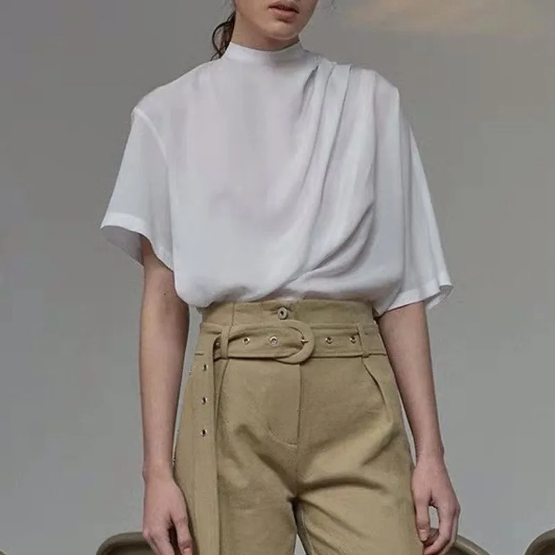 

TVVOVVIN Women Blouses Stand Collar Short Sleeve Womens Tops Irregular Pleated White Womens Shirts Asymmetrical White Shirt C014