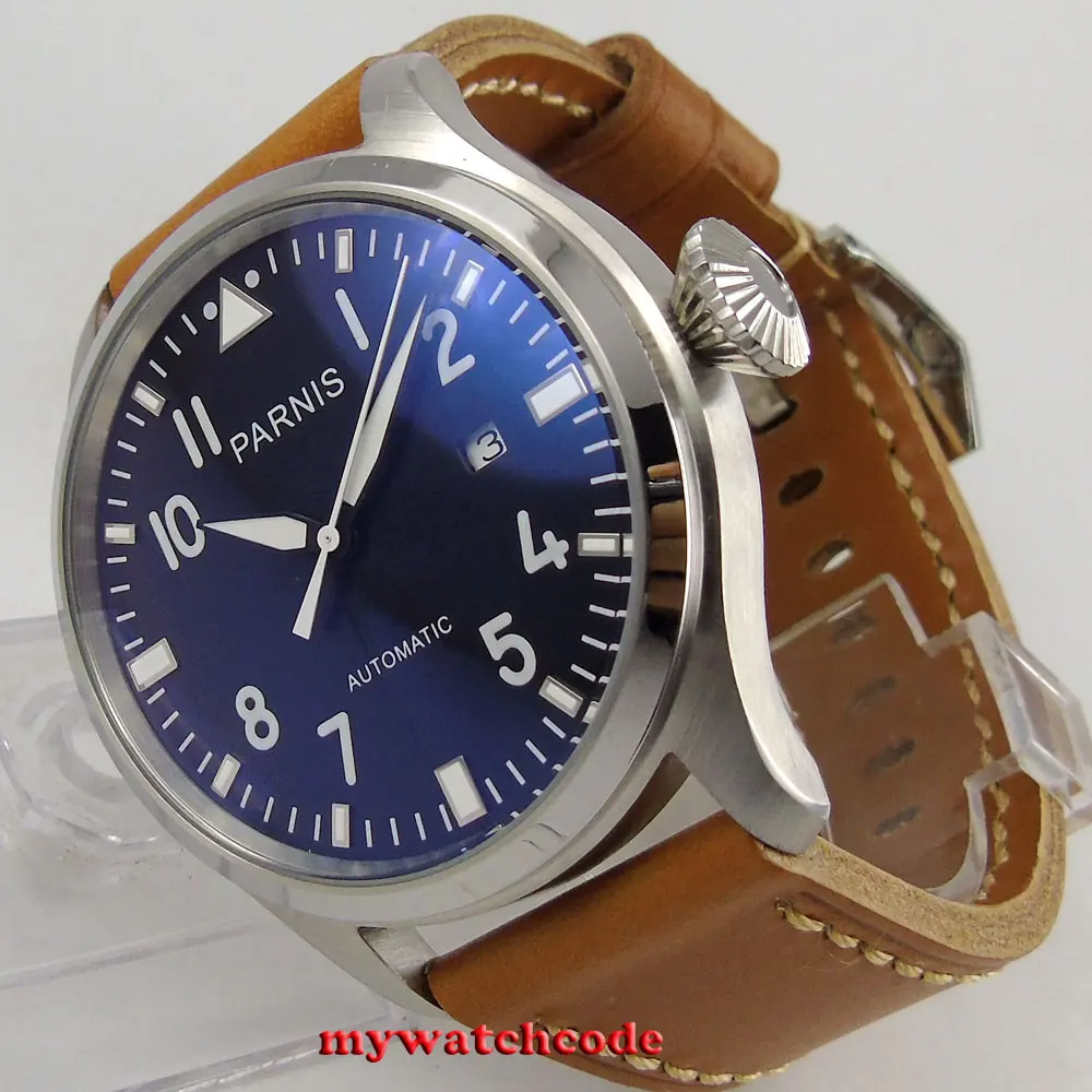 47mm parnis black dial date brown leather strap ST2551 automatic mens watch P38 47mm parnis black dial date brown leather strap ST2551 automatic mens watch P38