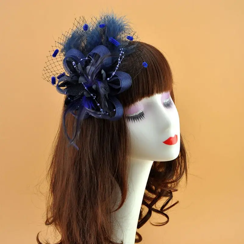 Женская Свадебная вуалетка, шляпа с сеткой, контрастный цветок, плюшевая волнистая заколка для волос, перо, украшение из бисера, Коктейльная брошь, головной убор