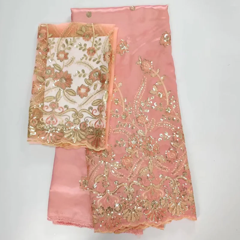 

(5+2 yards/set) high quality peach color African george lace fabric with shining gold sequins embroidery for party dress GLC08