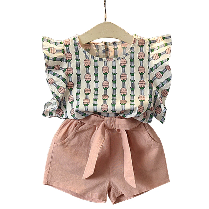 

2019 Summer Girls Clothes Set Casual Print Sleeveless Bow T-shirt+Shorts 2Pcs for Kids Clothes Set Baby Girl Suit