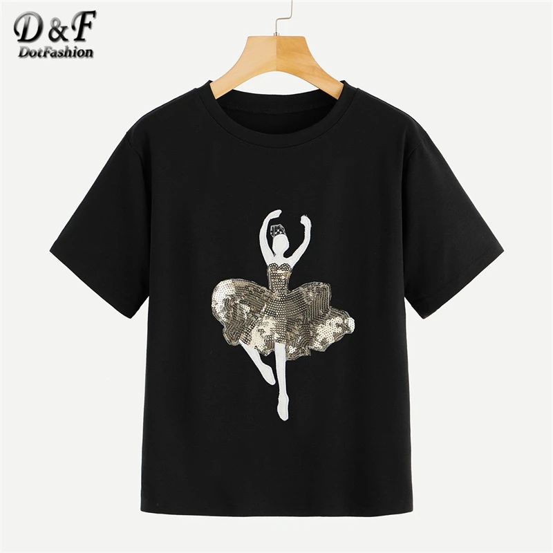 

Dotfashion Black Figure Sequin Panel Tee Women Clothes 2019 Elegant Summer Casual T-Shirt Korean Streetwear Fashion Ladies Tops