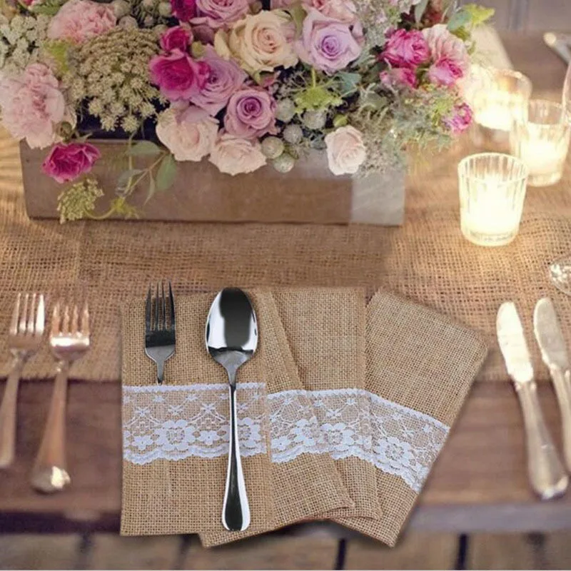 

4pcs Jute Hessian Burlap Linen Lace Cutlery Holder Rustic Birthday Christmas Wedding Party Decorations Tableware Supplies 62054