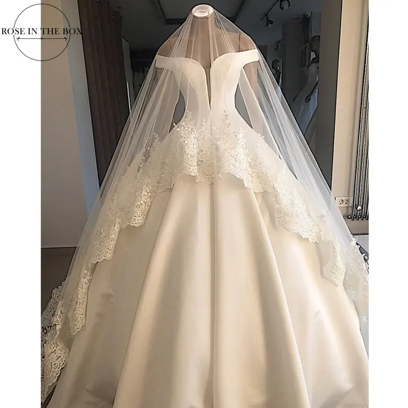 

Gelinlik 2019 Elegant Off Shoulder White Wedding Dress Satin Simple Bride Dress Ball Gown Sexy Backless Wedding Gowns with Veil