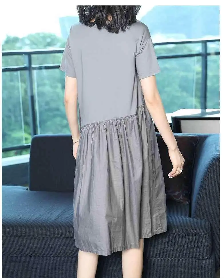 Новое корейское летнее модное женское серое свободное платье с коротким рукавом, женские весенние плиссированные винтажные платья 3xl