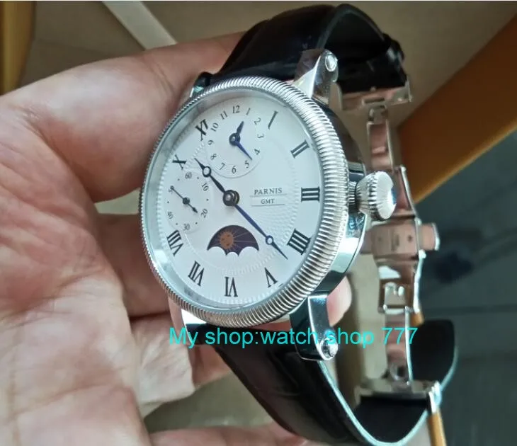 Бабочка Пряжка 44 мм PARNIS Moon Phase механические мужские часы с ручным заводом многофункциональные механические часы gd249A