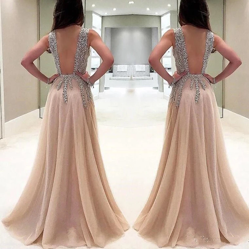 robe de soiree 2018 Sexy Evening Dresses Long A-Line V Neck Beaded Crystal High Slit Backless Women Formal Prom Evening Gown robe de soiree 2018 Sexy Evening Dresses Long A-Line V Neck Beaded Crystal High Slit Backless Women Formal Prom Evening Gown