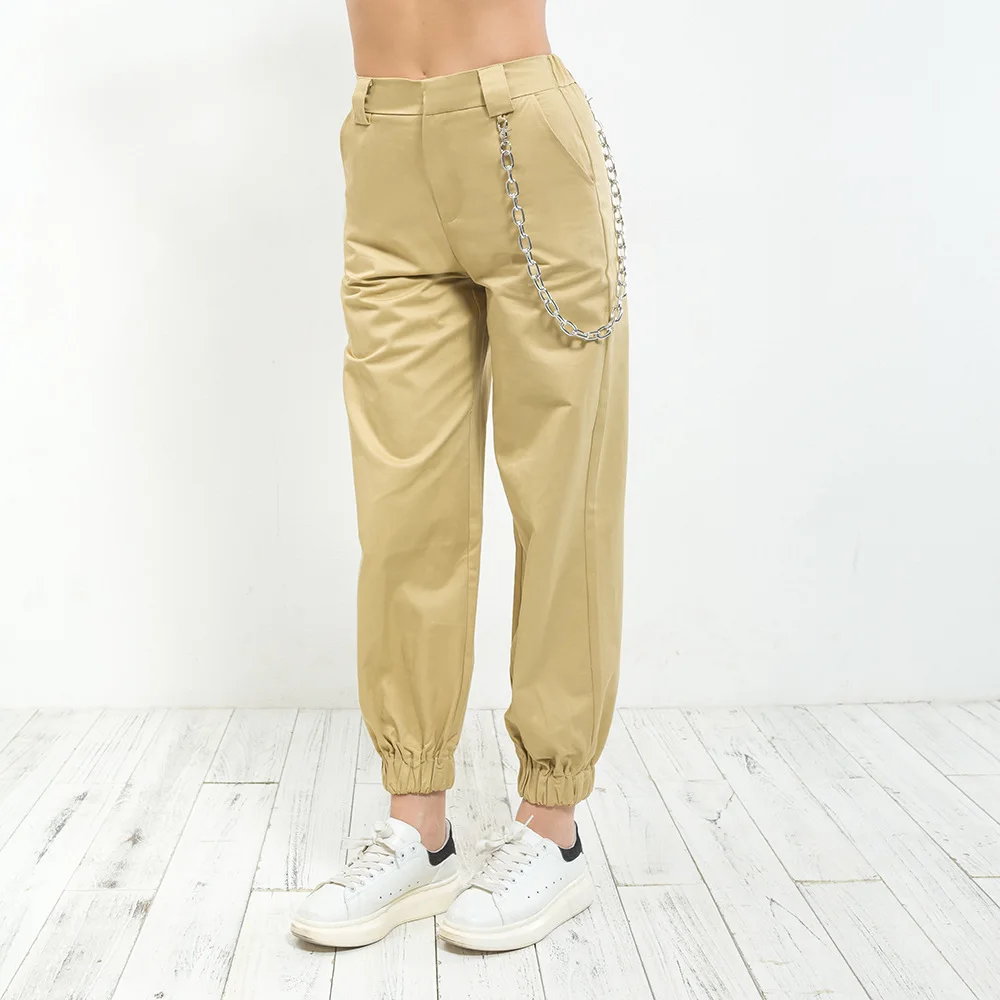 Карманные цепи брюки карго Для женщин 2018 Лето Safari Стиль уличная штаны свободного