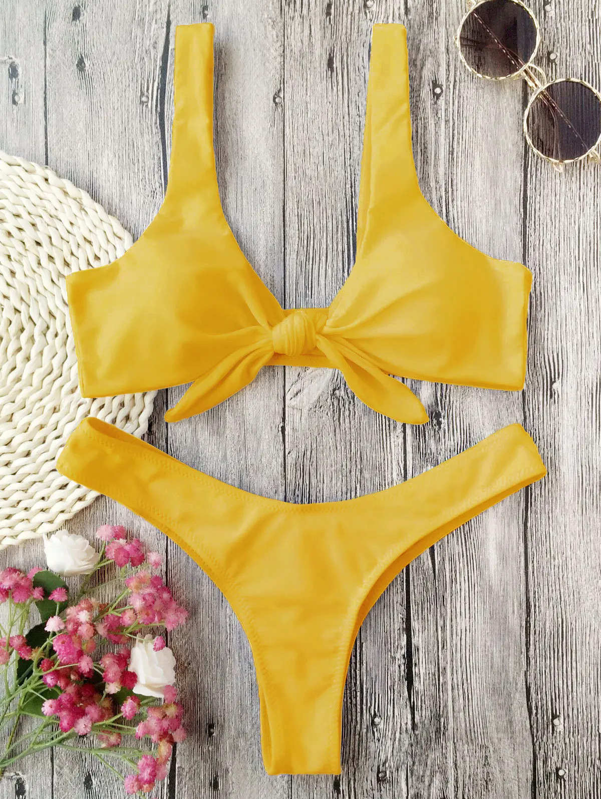 

Sexy Tie Knot Front Bikinis Women Push Up Swimsuit Bikini Set Bandage Swimwear Yellow Thong Bathing Suit 2018 Swimming Suit
