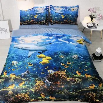 

4 or 6 pieces deep blue ocean with colorful fish shark duvet cover set for children single bed sheets adult super king bedding