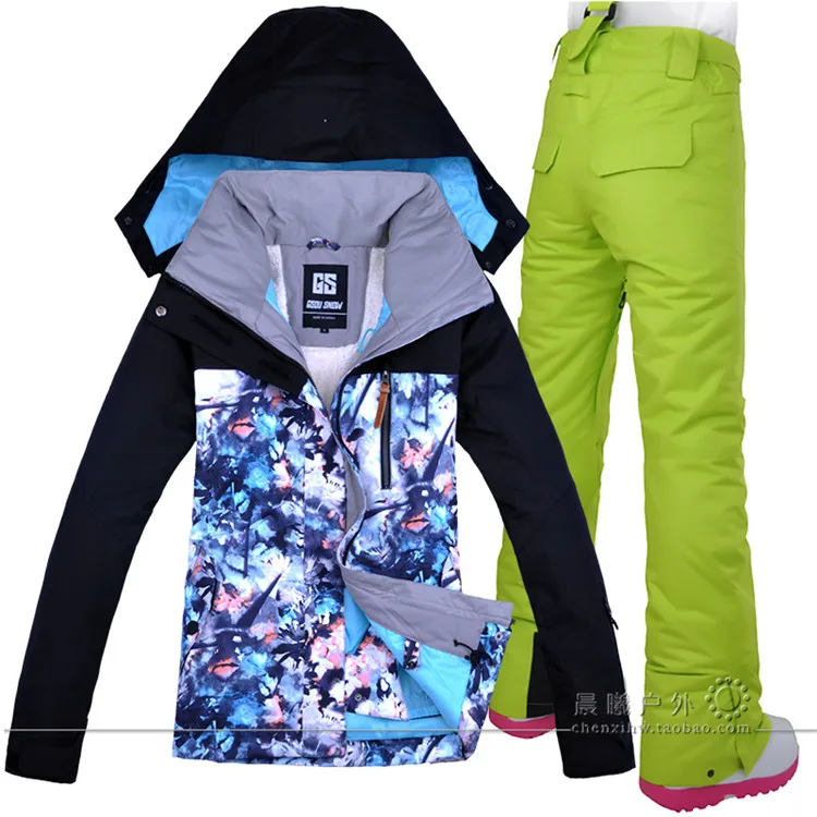Женские лыжные костюмы с цветочным принтом, лыжная куртка и штаны, водонепроницаемая ветрозащитная зимняя куртка и брюки, женский костюм для сноуборда, зимняя одежда - Цвет: green 1
