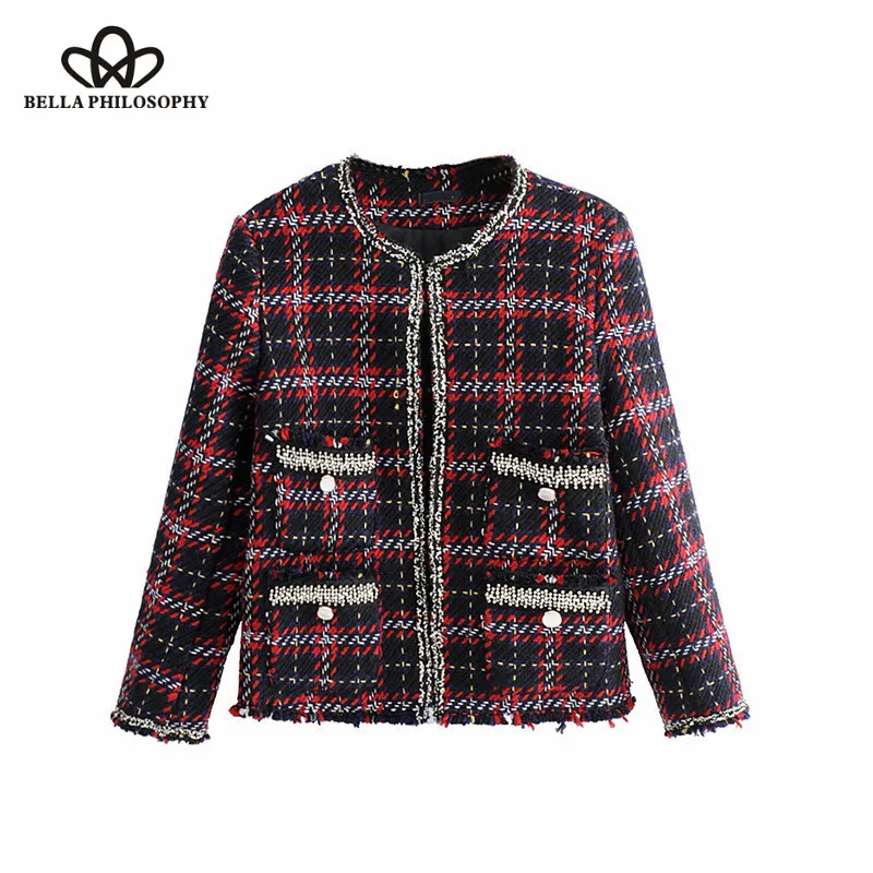 Wonder new Vintage Chic Pockets Bejeweled Tweed Blazer Coat Women 2018 Fashion Long Sleeve Frayed Hem Plaid Casual Outerwear